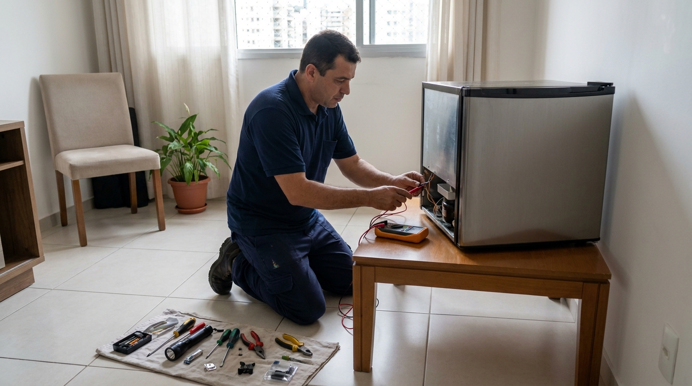 Técnico realizando manutenção de motor de frigobar em Vitória‑ES